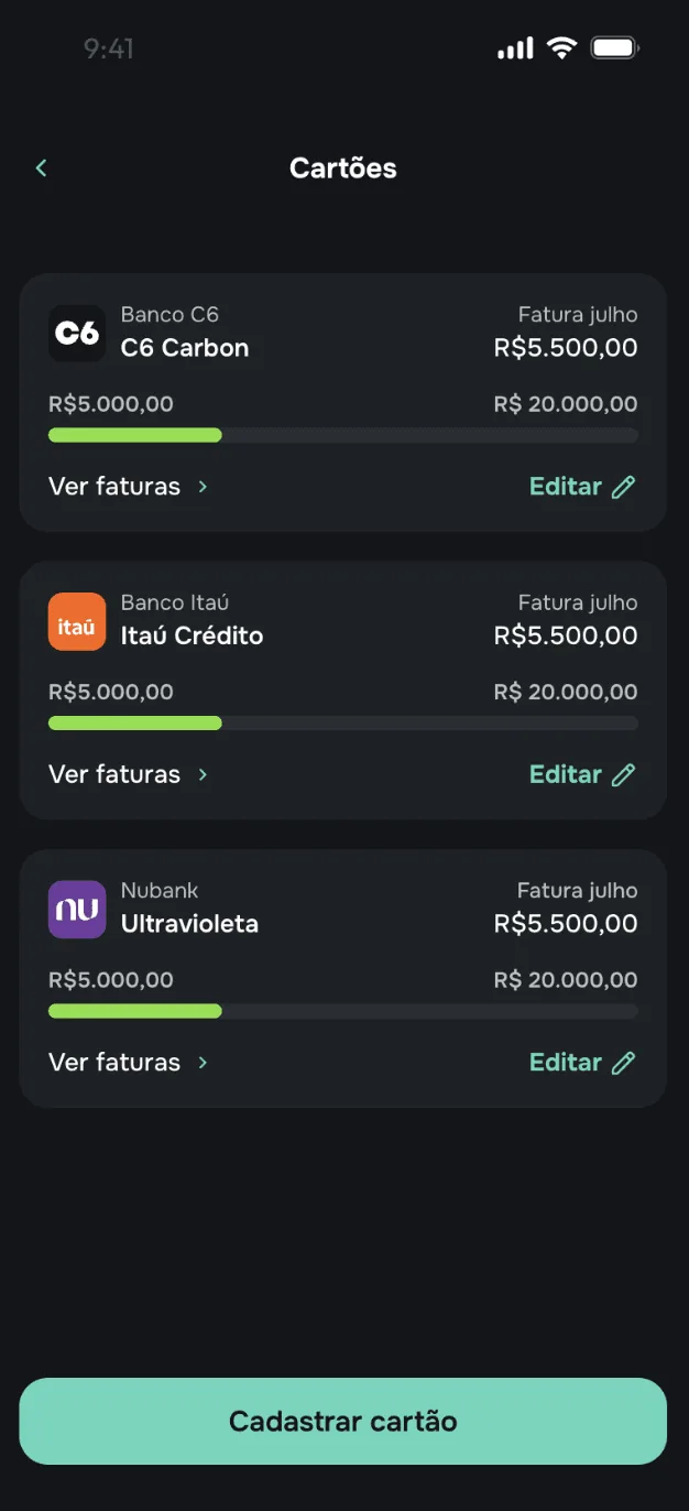 Tela de cartões do app