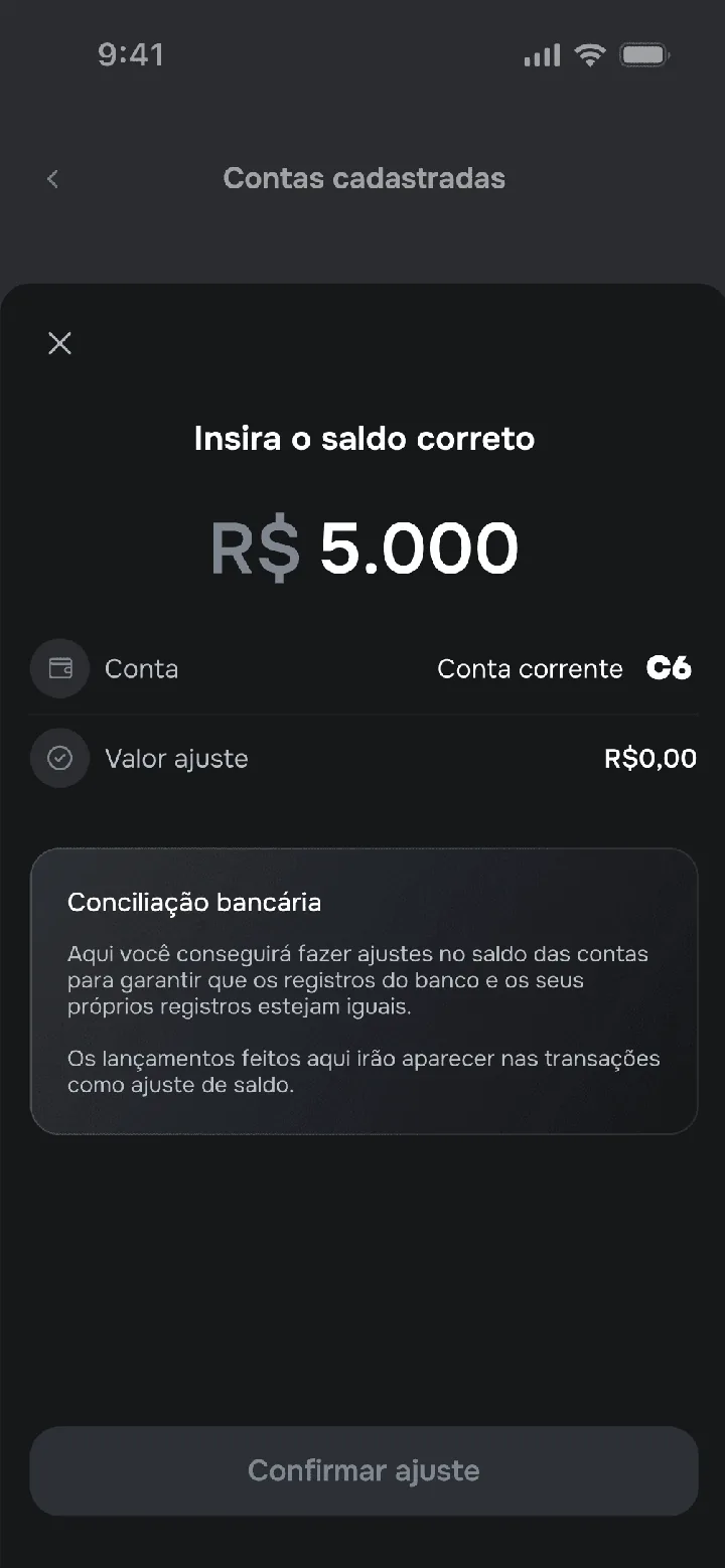 Tela de ajuste de saldo no app