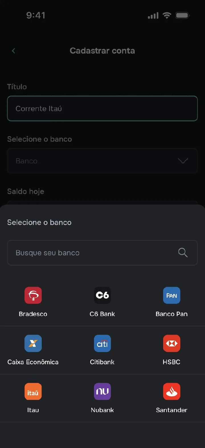 Tela de cadastro de conta no app