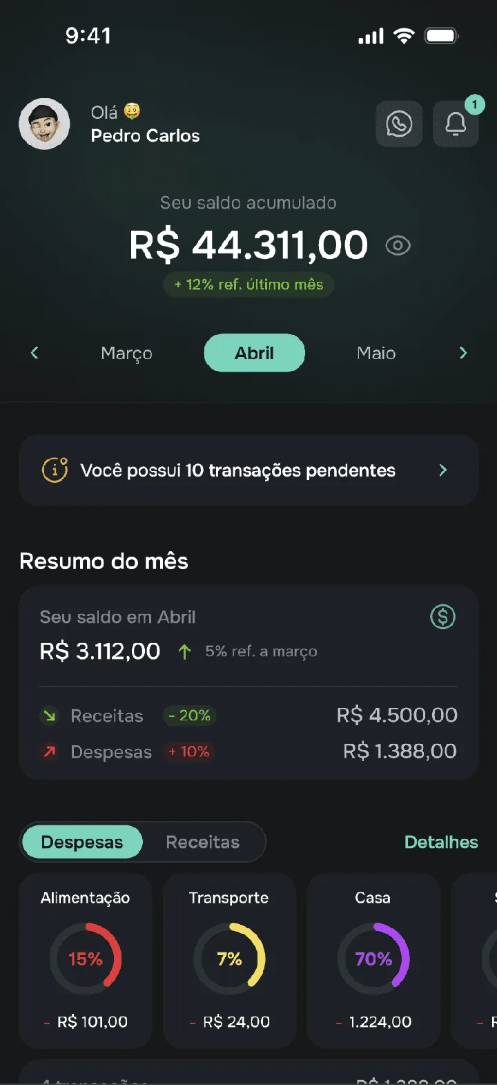 Tela inicial do app com resumo do mês