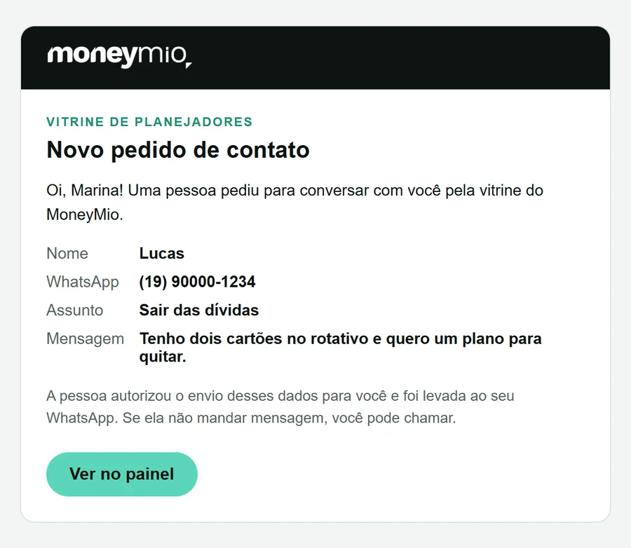 E-mail de exemplo de novo pedido de contato com nome, WhatsApp, assunto e mensagem