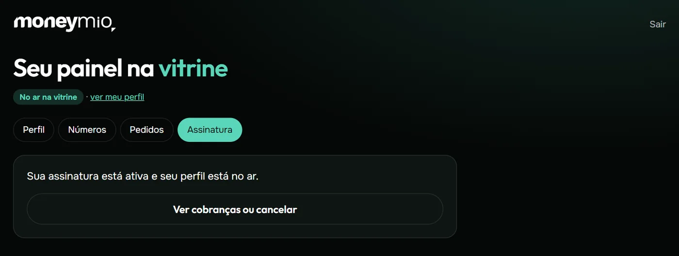 Painel mostrando o perfil no ar na vitrine e a assinatura ativa