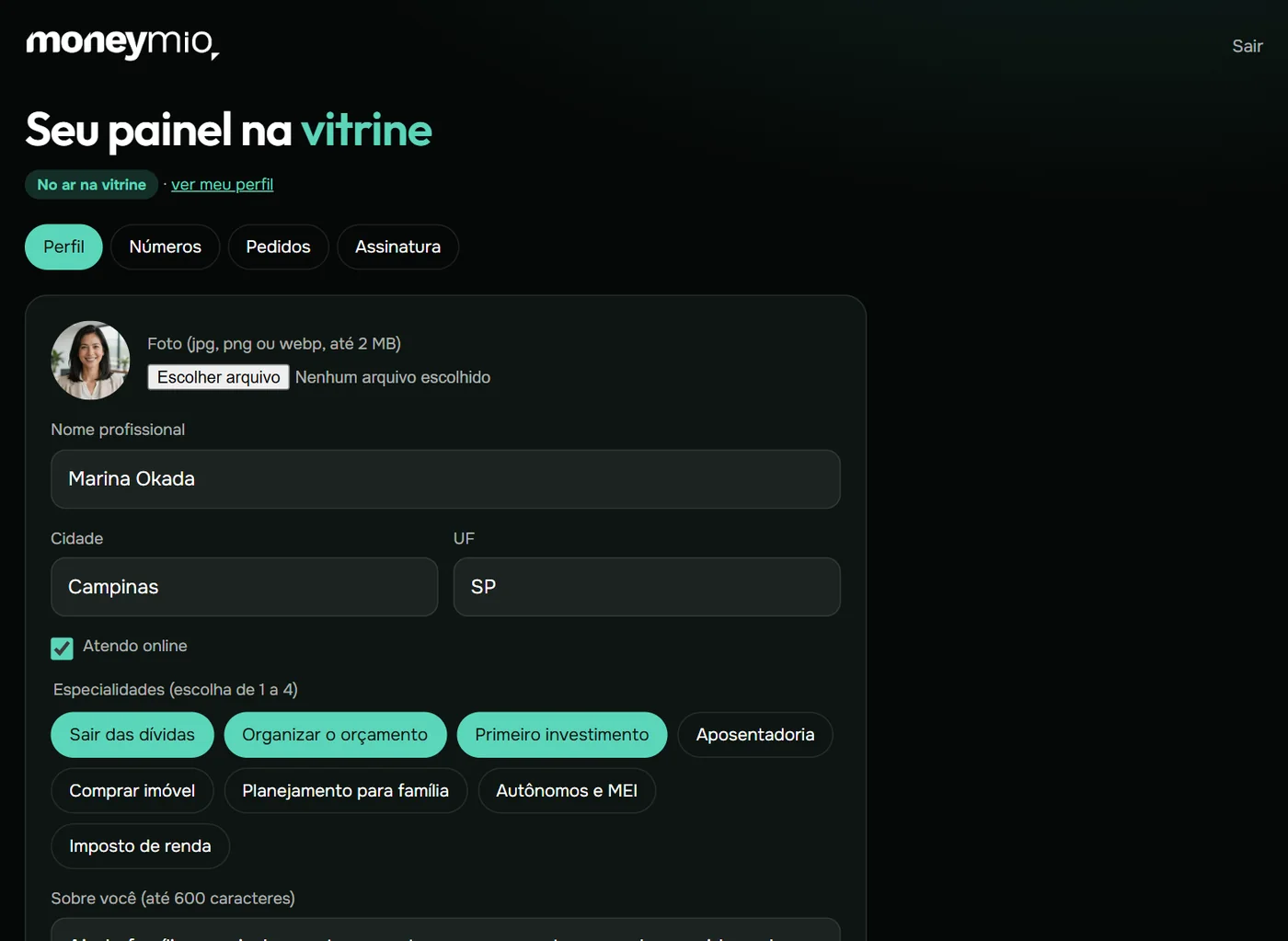 Formulário do perfil no painel do planejador