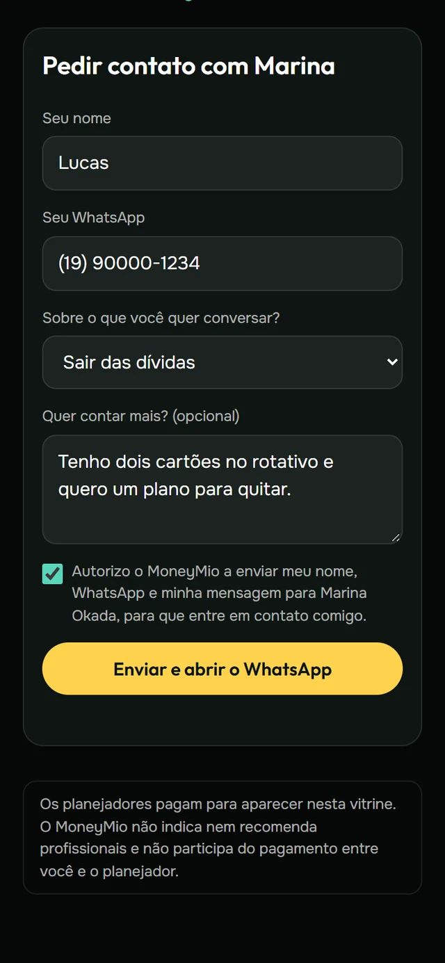 Formulário de pedido de contato preenchido com dados de exemplo