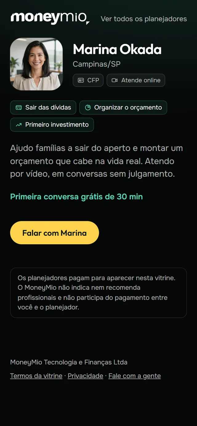 Perfil de exemplo de uma planejadora na vitrine, com especialidades, primeira conversa grátis e o botão Falar com